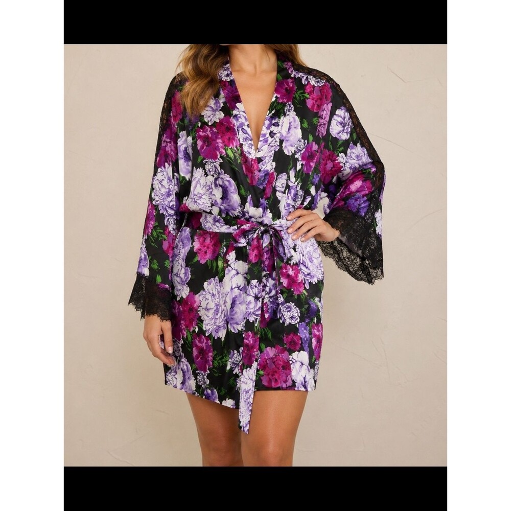 Victoria's Secret Floral Satin Kimono Robe XL/XXL Black Purple Lace Trim Feminin